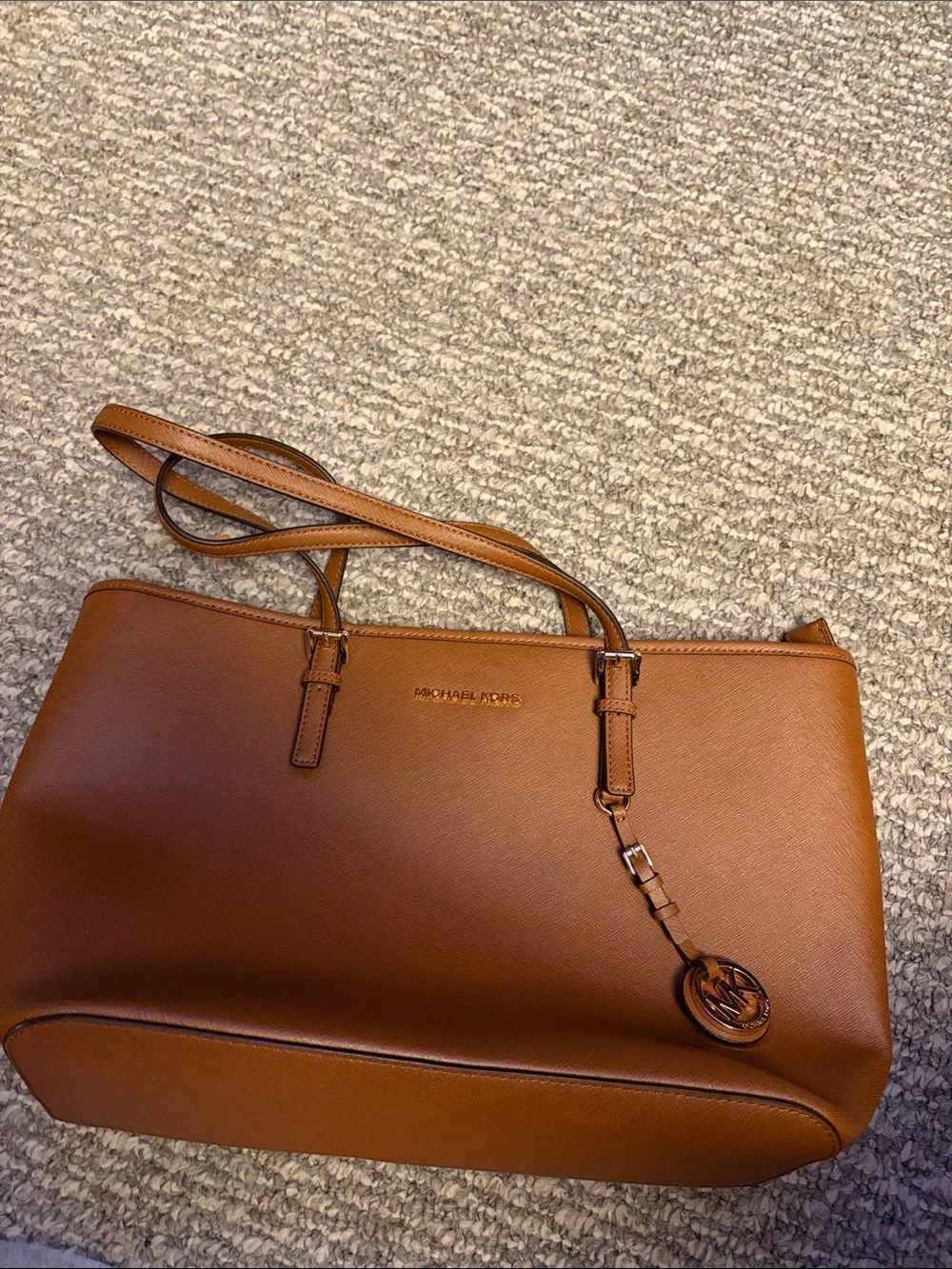 Michael Kors Cognac Leather Tote with Logo Charm